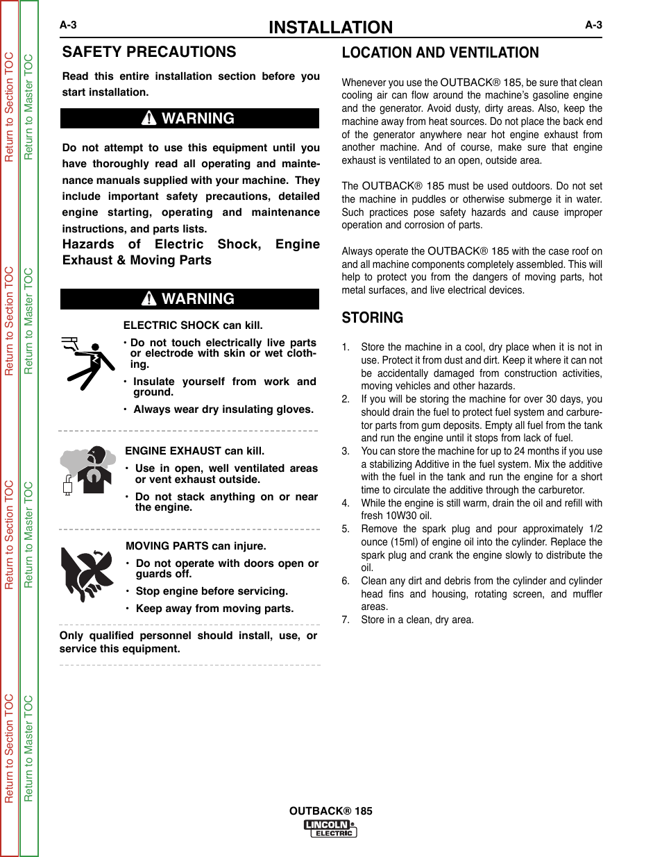 Installation, Safety precautions, Warning | Location and ventilation, Storing | Lincoln Electric OUTBACK SVM204-A User Manual | Page 11 / 98