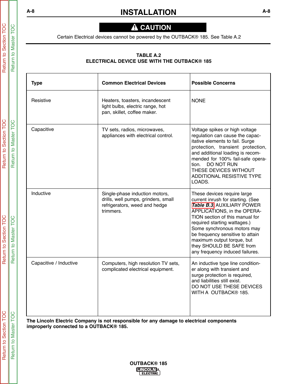 Table a.2 for, Installation, Caution | Lincoln Electric OUTBACK SVM204-A User Manual | Page 16 / 98