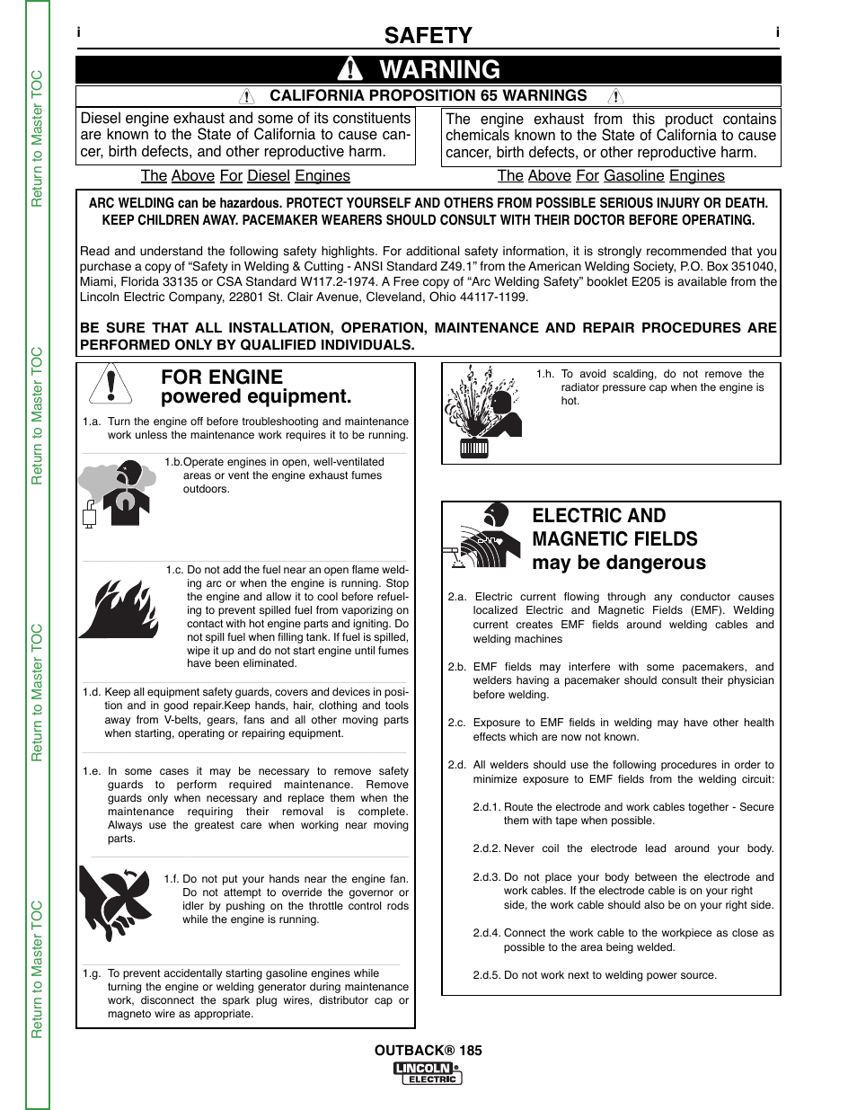 Safety, Info, Warning | For engine powered equipment, Electric and magnetic fields may be dangerous | Lincoln Electric OUTBACK SVM204-A User Manual | Page 2 / 98