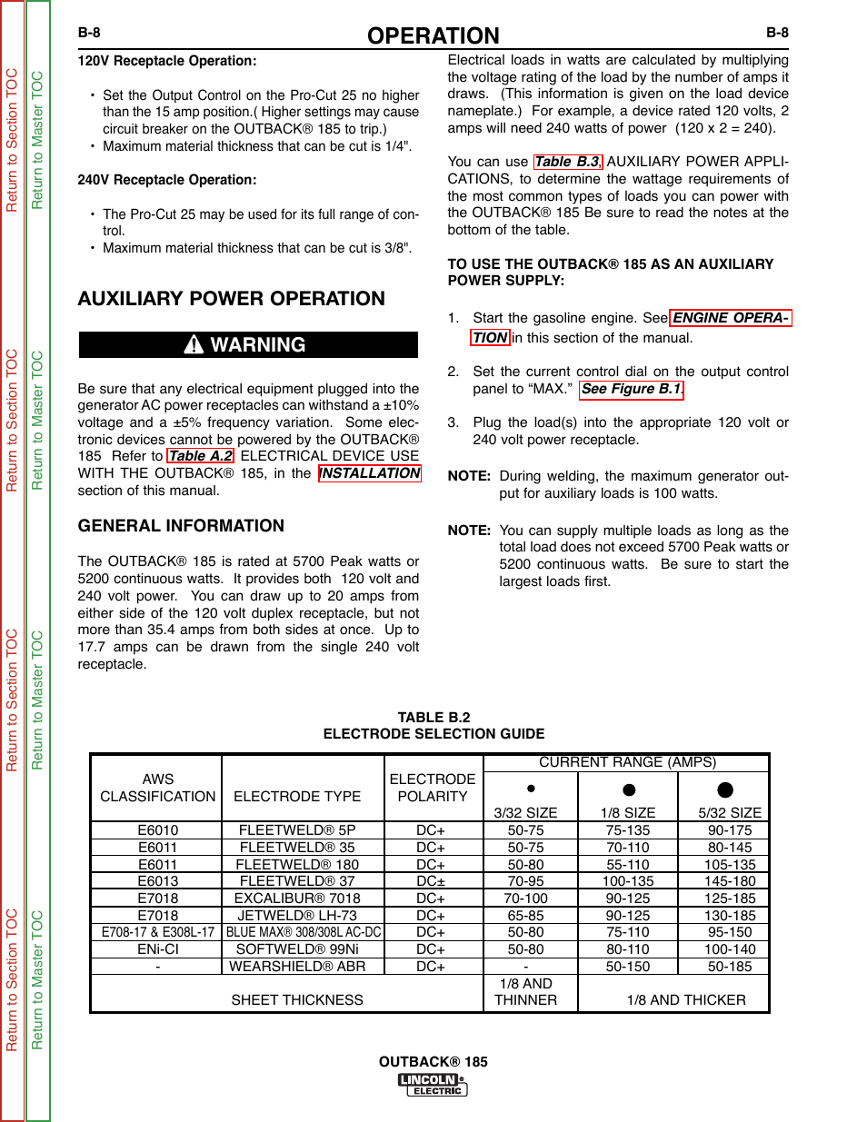 Table b.2, See table b.2, Operation | Auxiliary power operation, Warning | Lincoln Electric OUTBACK SVM204-A User Manual | Page 24 / 98
