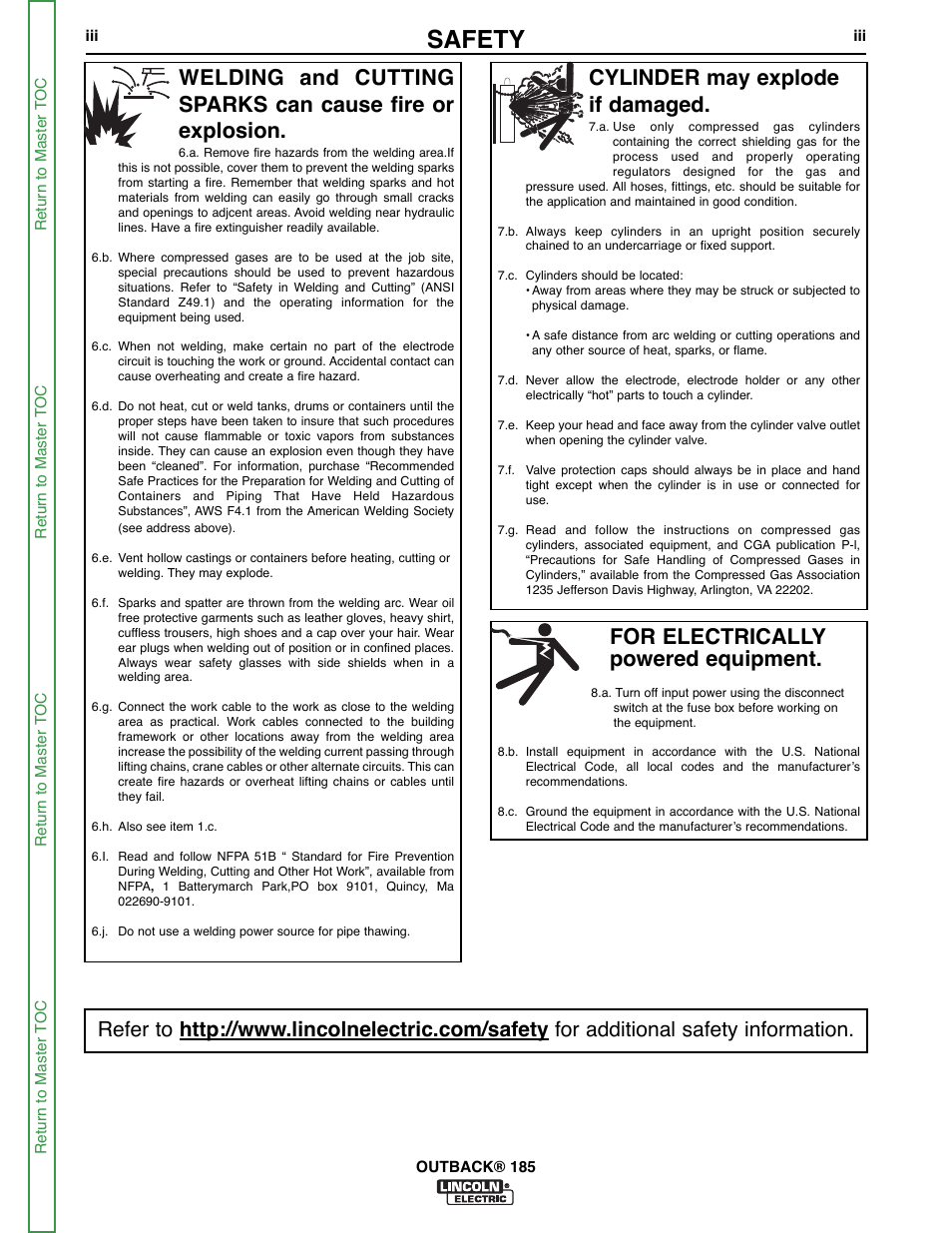 Safety, For electrically powered equipment, Cylinder may explode if damaged | Lincoln Electric OUTBACK SVM204-A User Manual | Page 4 / 98