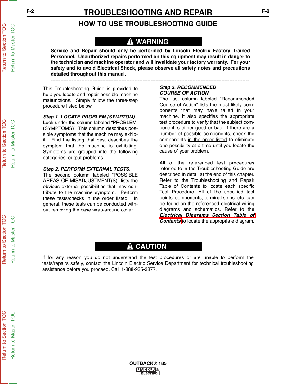 Troubleshooting and repair, How to use troubleshooting guide, Warning caution | Lincoln Electric OUTBACK SVM204-A User Manual | Page 42 / 98