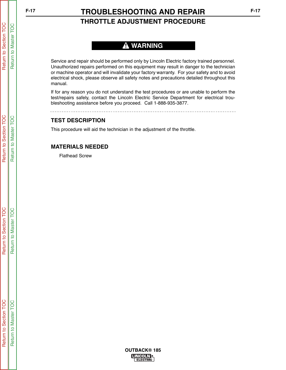 Throttle adjustment procedure, Troubleshooting and repair, Warning | Lincoln Electric OUTBACK SVM204-A User Manual | Page 57 / 98
