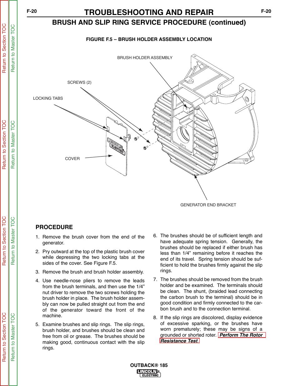 Troubleshooting and repair, Brush and slip ring service procedure (continued) | Lincoln Electric OUTBACK SVM204-A User Manual | Page 60 / 98