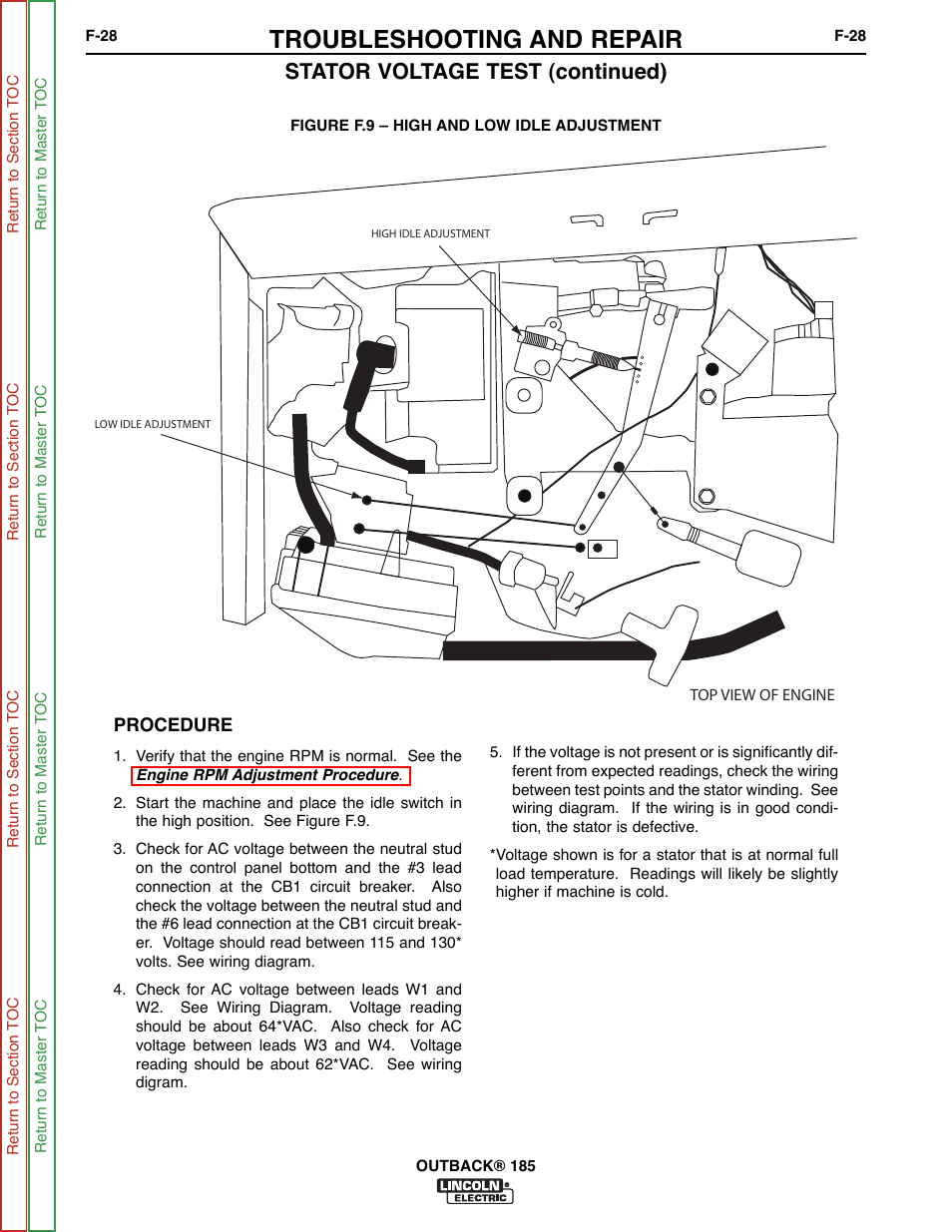 Troubleshooting and repair, Stator voltage test (continued) | Lincoln Electric OUTBACK SVM204-A User Manual | Page 68 / 98