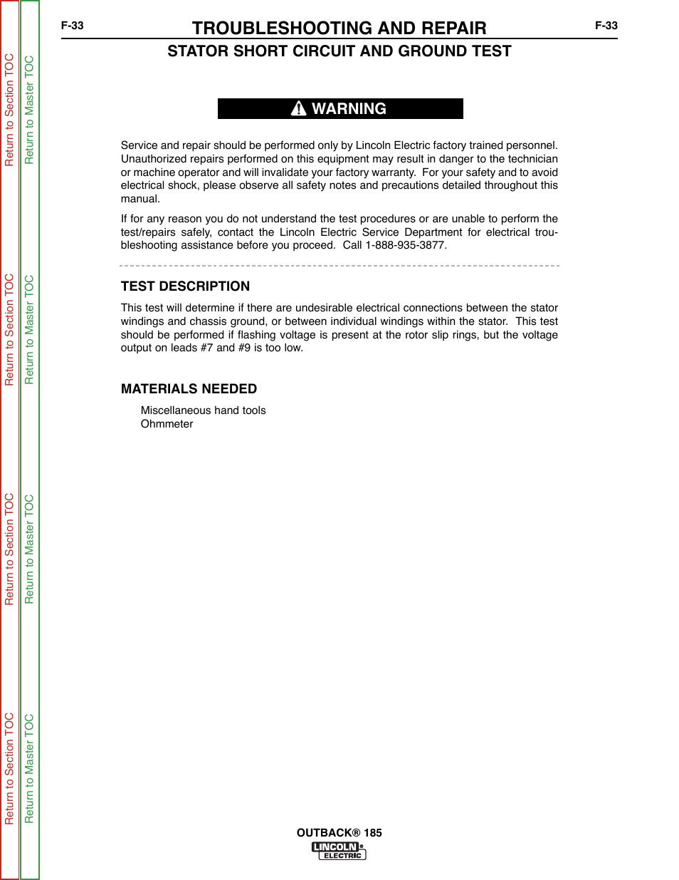 Troubleshooting and repair, Stator short circuit and ground test, Warning | Lincoln Electric OUTBACK SVM204-A User Manual | Page 73 / 98