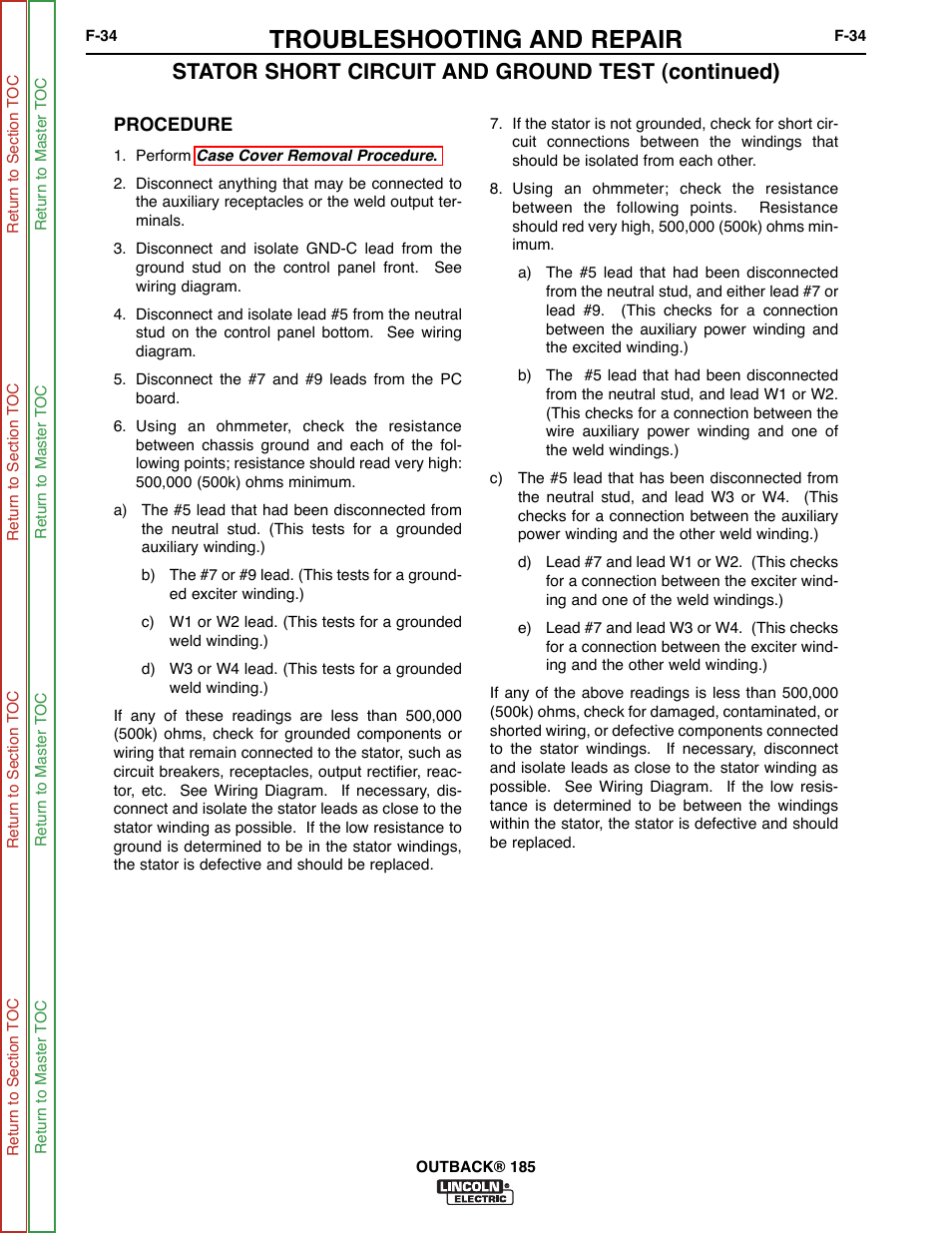 Troubleshooting and repair, Stator short circuit and ground test (continued) | Lincoln Electric OUTBACK SVM204-A User Manual | Page 74 / 98