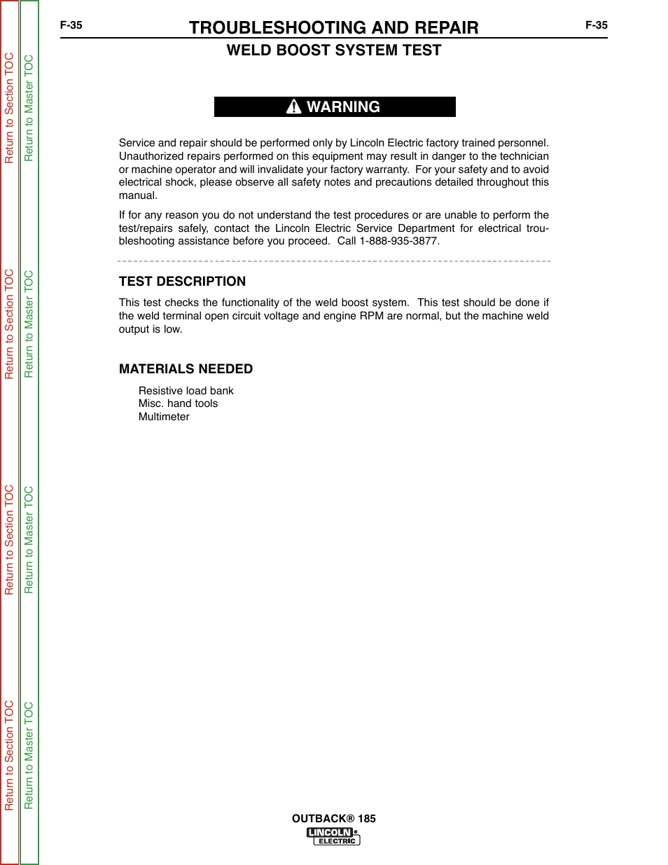 Weld boost, Circuit tests, Troubleshooting and repair | Weld boost system test, Warning | Lincoln Electric OUTBACK SVM204-A User Manual | Page 75 / 98