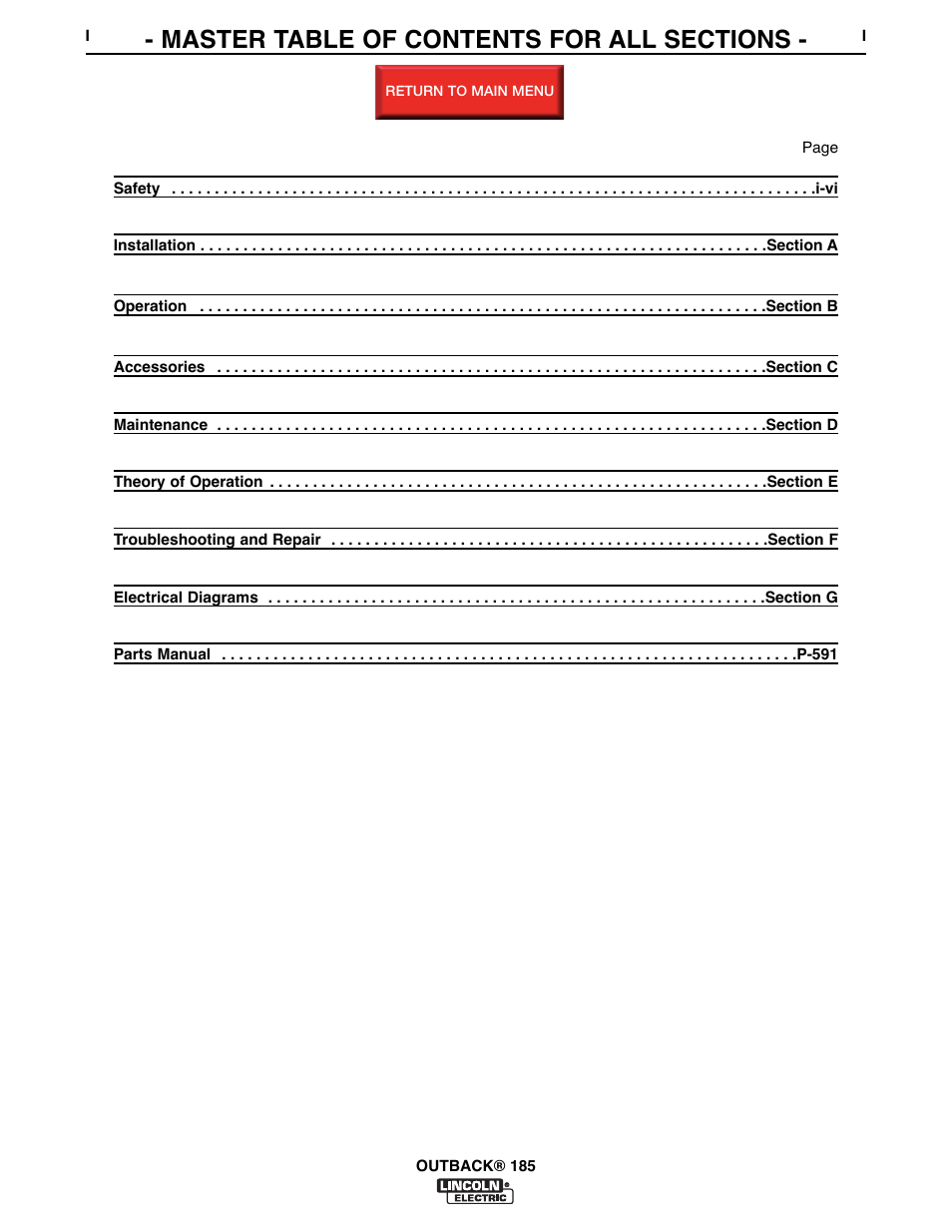 Master table of contents, Return, Master | Lincoln Electric OUTBACK SVM204-A User Manual | Page 8 / 98