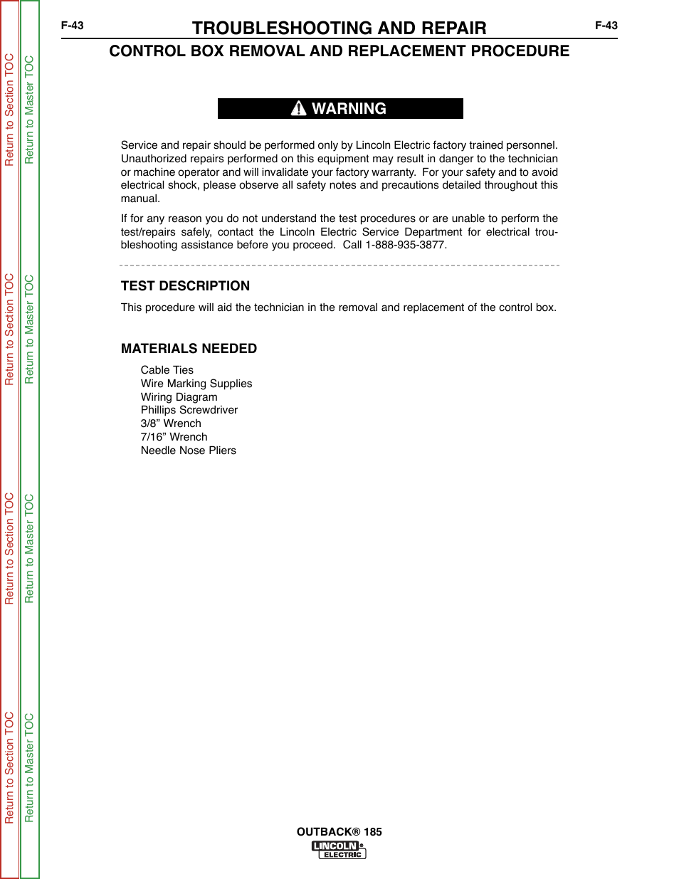 Troubleshooting and repair, Control box removal and replacement procedure, Warning | Lincoln Electric OUTBACK SVM204-A User Manual | Page 83 / 98