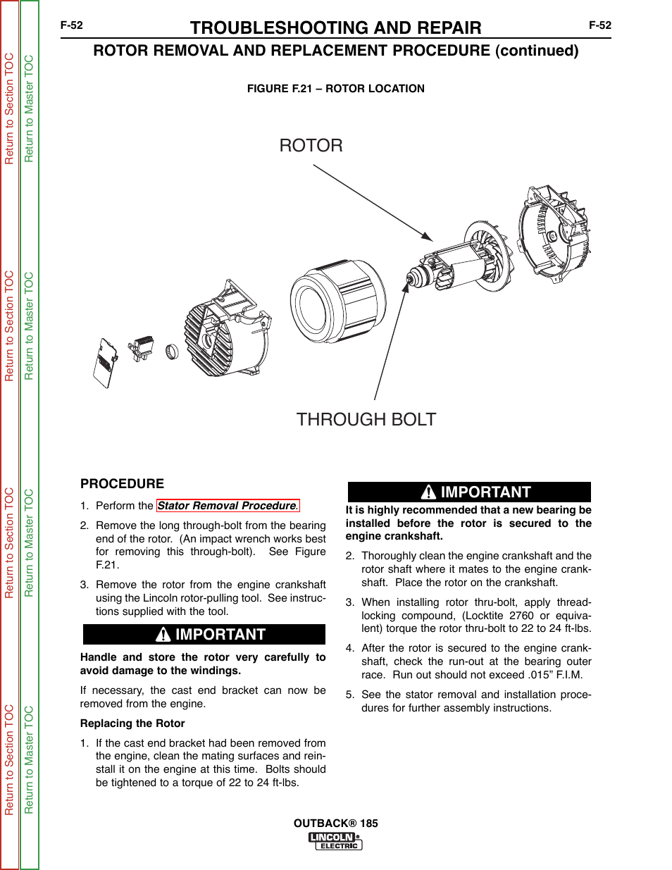 Through bolt rotor, Troubleshooting and repair, Important | Lincoln Electric OUTBACK SVM204-A User Manual | Page 92 / 98