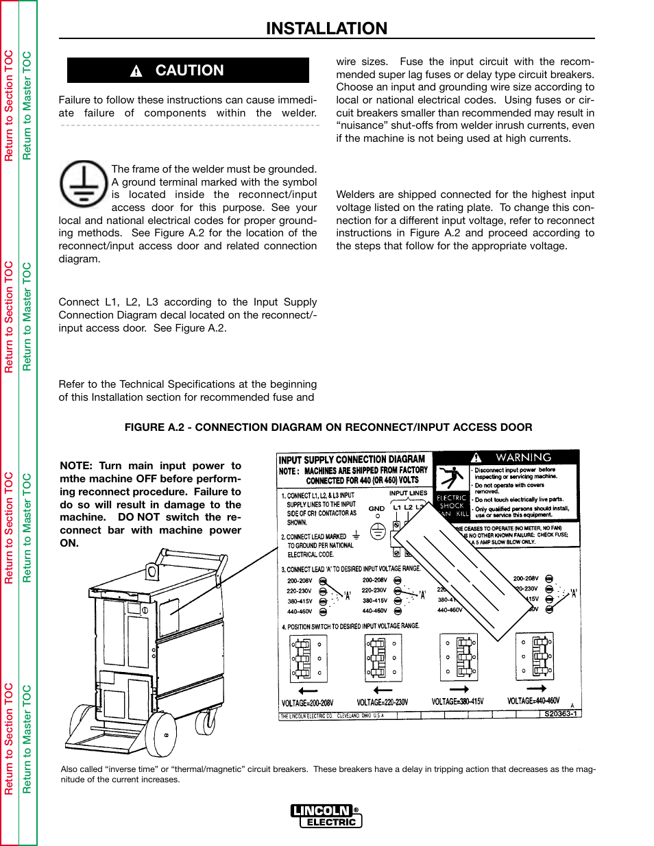 Installation, Ground connections, Input power connections | Caution | Lincoln Electric INVERTEC POWER WAVE 450 SVM112-B User Manual | Page 10 / 293