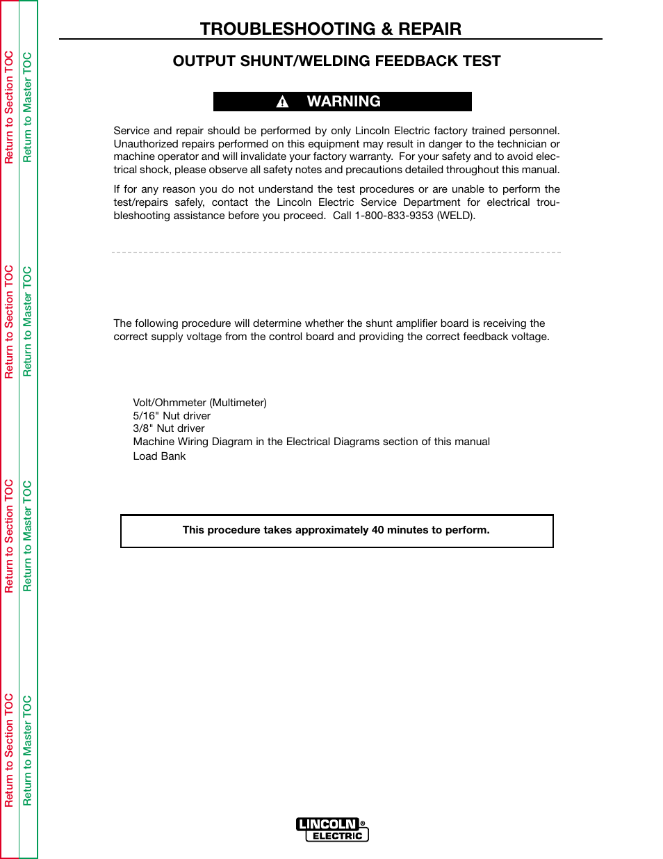 Perform the welding, Feedback test, Troubleshooting & repair | Output shunt/welding feedback test, Warning | Lincoln Electric INVERTEC POWER WAVE 450 SVM112-B User Manual | Page 111 / 293