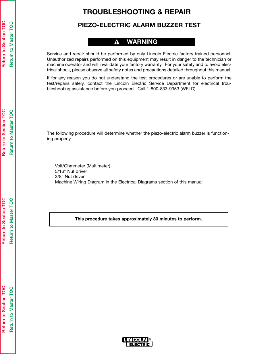 Perform the piezoelectric, Buzzer test, Troubleshooting & repair | Piezo-electric alarm buzzer test, Warning | Lincoln Electric INVERTEC POWER WAVE 450 SVM112-B User Manual | Page 115 / 293