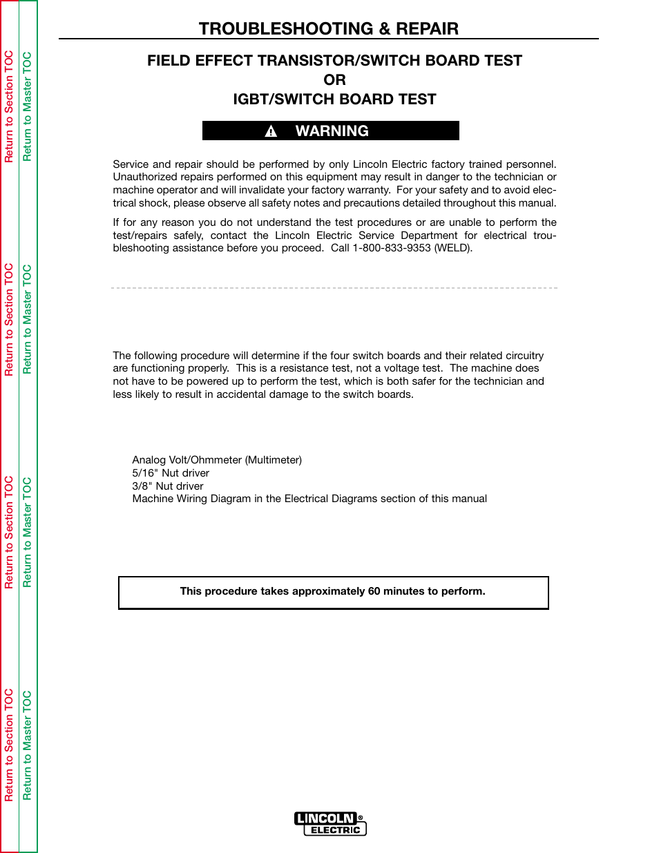 Perform the switch board, Test, Refer to the switch board test | Field effect transistor/ switch board test, Troubleshooting & repair, Warning | Lincoln Electric INVERTEC POWER WAVE 450 SVM112-B User Manual | Page 119 / 293