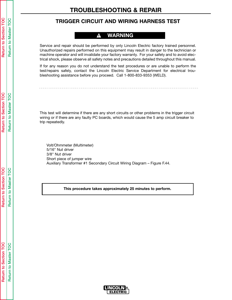 Perform the trigger circuit, And wiring harness test, Troubleshooting & repair | Trigger circuit and wiring harness test, Warning | Lincoln Electric INVERTEC POWER WAVE 450 SVM112-B User Manual | Page 179 / 293