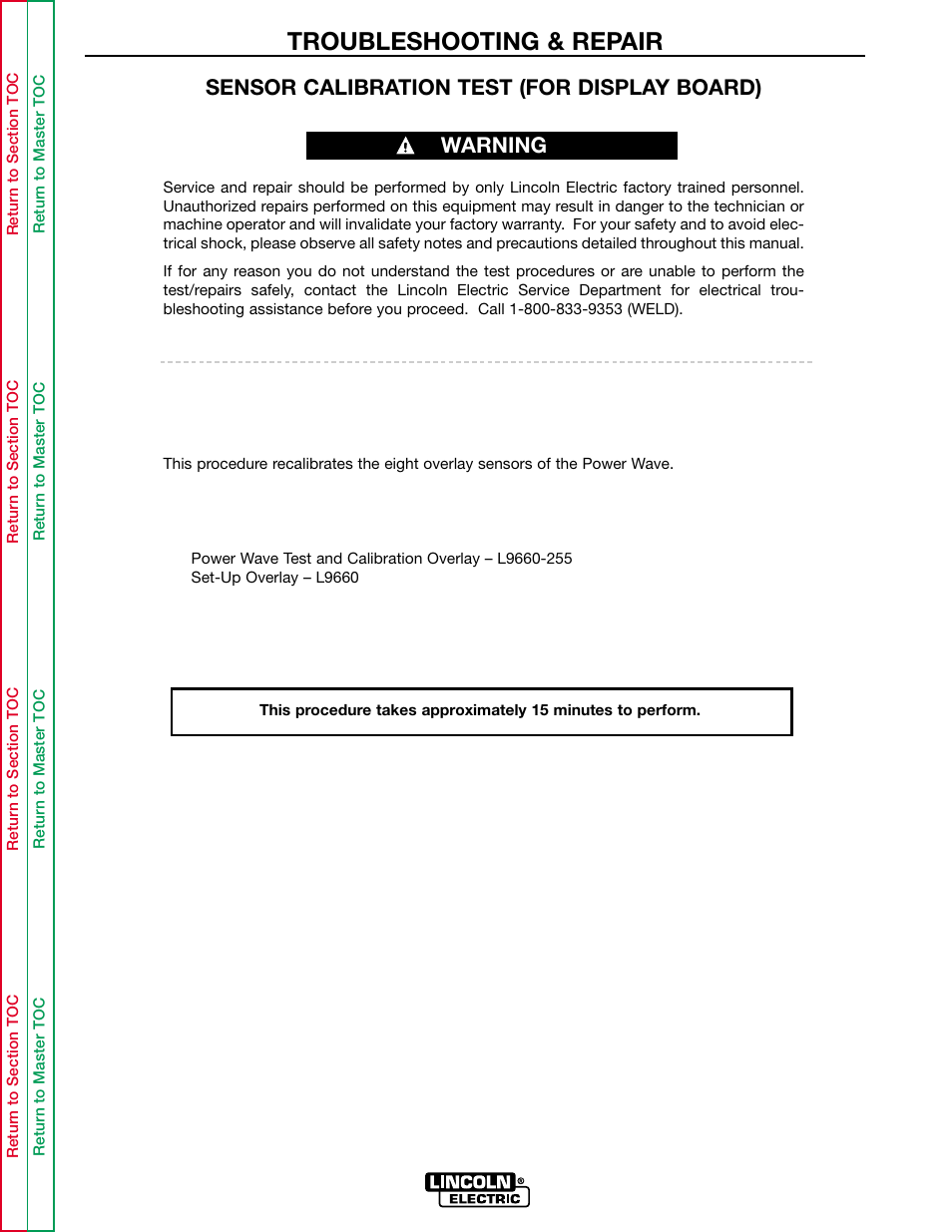 Perform the sensor, Calibration test, Troubleshooting & repair | Sensor calibration test (for display board), Warning | Lincoln Electric INVERTEC POWER WAVE 450 SVM112-B User Manual | Page 201 / 293