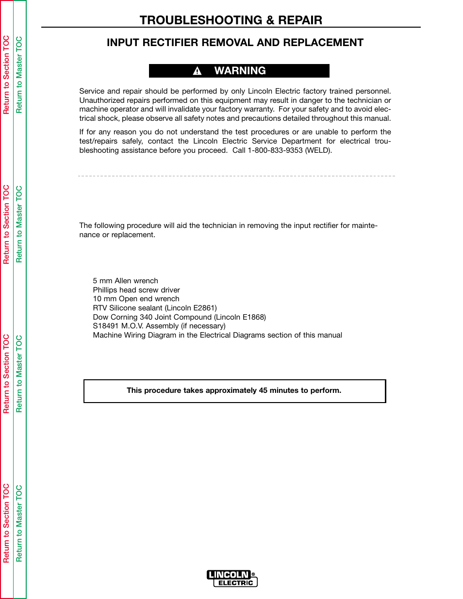 Troubleshooting & repair, Input rectifier removal and replacement, Warning | Lincoln Electric INVERTEC POWER WAVE 450 SVM112-B User Manual | Page 231 / 293