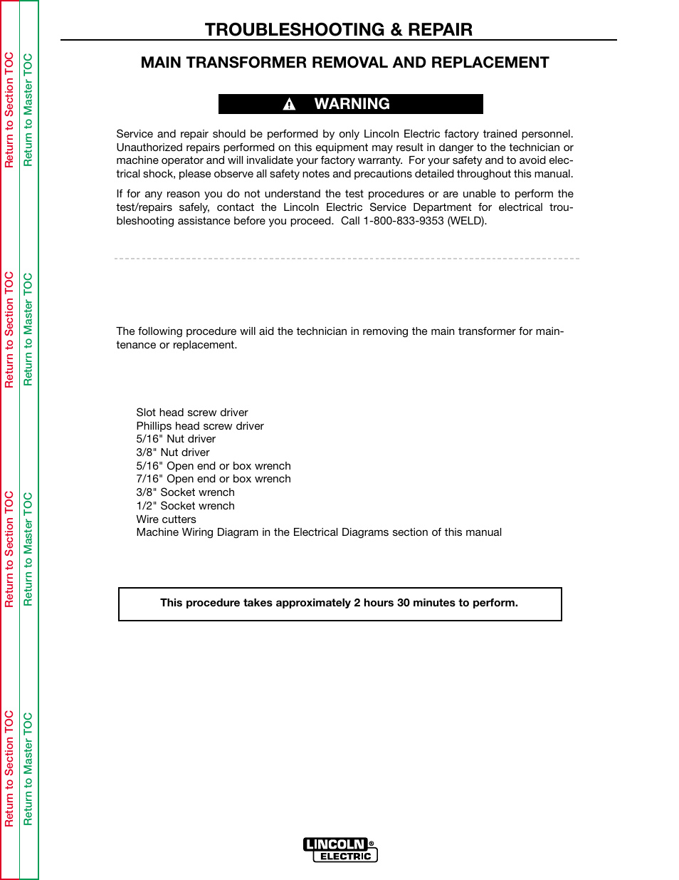 Troubleshooting & repair, Main transformer removal and replacement, Warning | Lincoln Electric INVERTEC POWER WAVE 450 SVM112-B User Manual | Page 257 / 293