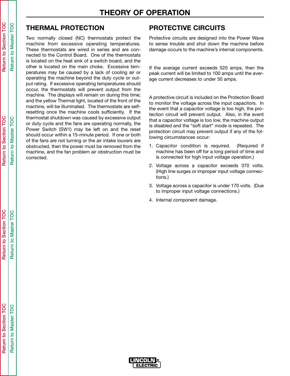 Theory of operation, Thermal protection, Protective circuits | Lincoln Electric INVERTEC POWER WAVE 450 SVM112-B User Manual | Page 58 / 293