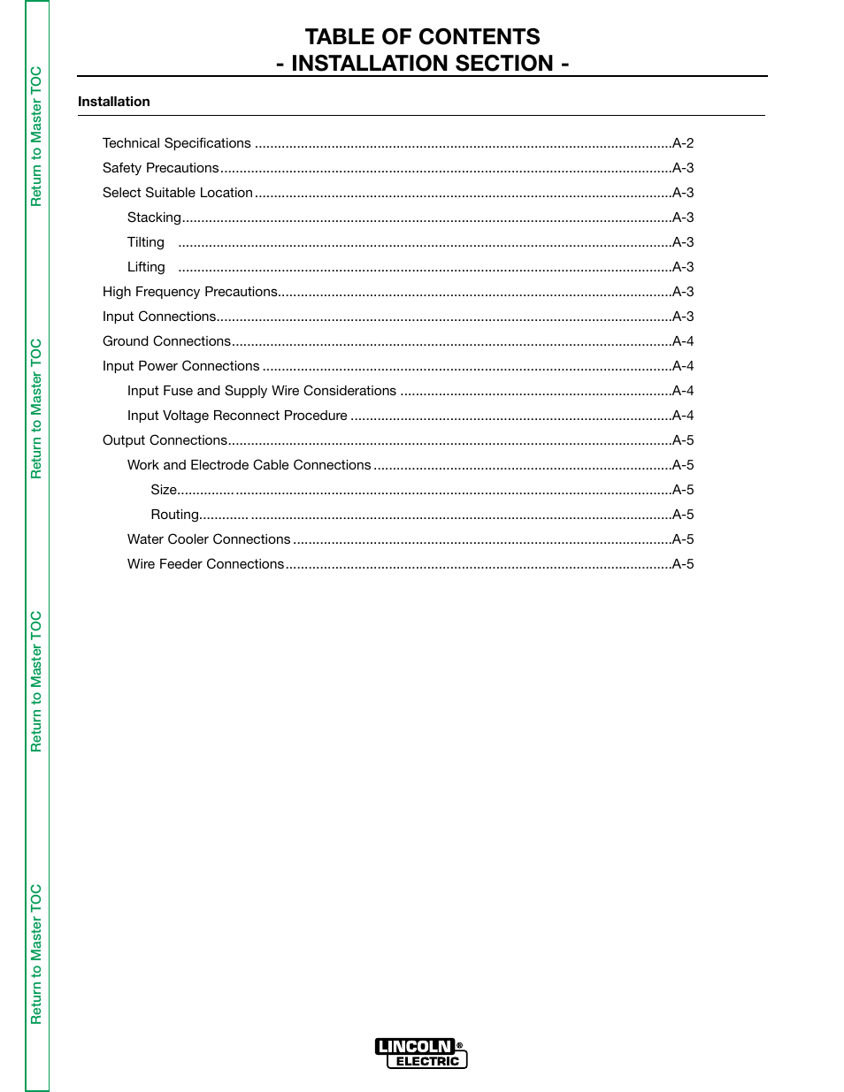 Section a - installation | Lincoln Electric INVERTEC POWER WAVE 450 SVM112-B User Manual | Page 7 / 293