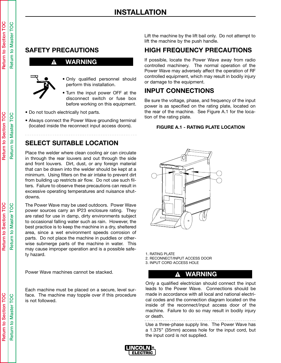 Tilting, Lifting, Installation | Safety precautions, Select suitable location, High frequency precautions, Input connections, Warning | Lincoln Electric INVERTEC POWER WAVE 450 SVM112-B User Manual | Page 9 / 293