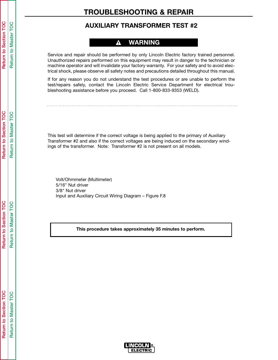 Perform the auxiliary, Transformer #2 test, Troubleshooting & repair | Auxiliary transformer test #2, Warning | Lincoln Electric INVERTEC POWER WAVE 450 SVM112-B User Manual | Page 91 / 293
