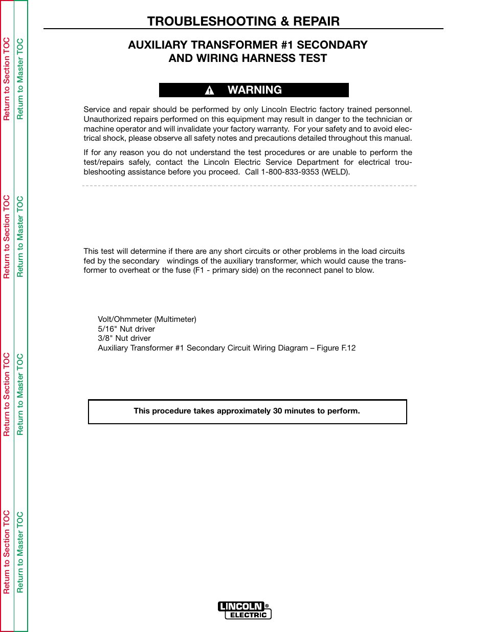 Perform the auxiliary, Transformer #1 secondary and wiring harness test, Troubleshooting & repair | Warning | Lincoln Electric INVERTEC POWER WAVE 450 SVM112-B User Manual | Page 99 / 293