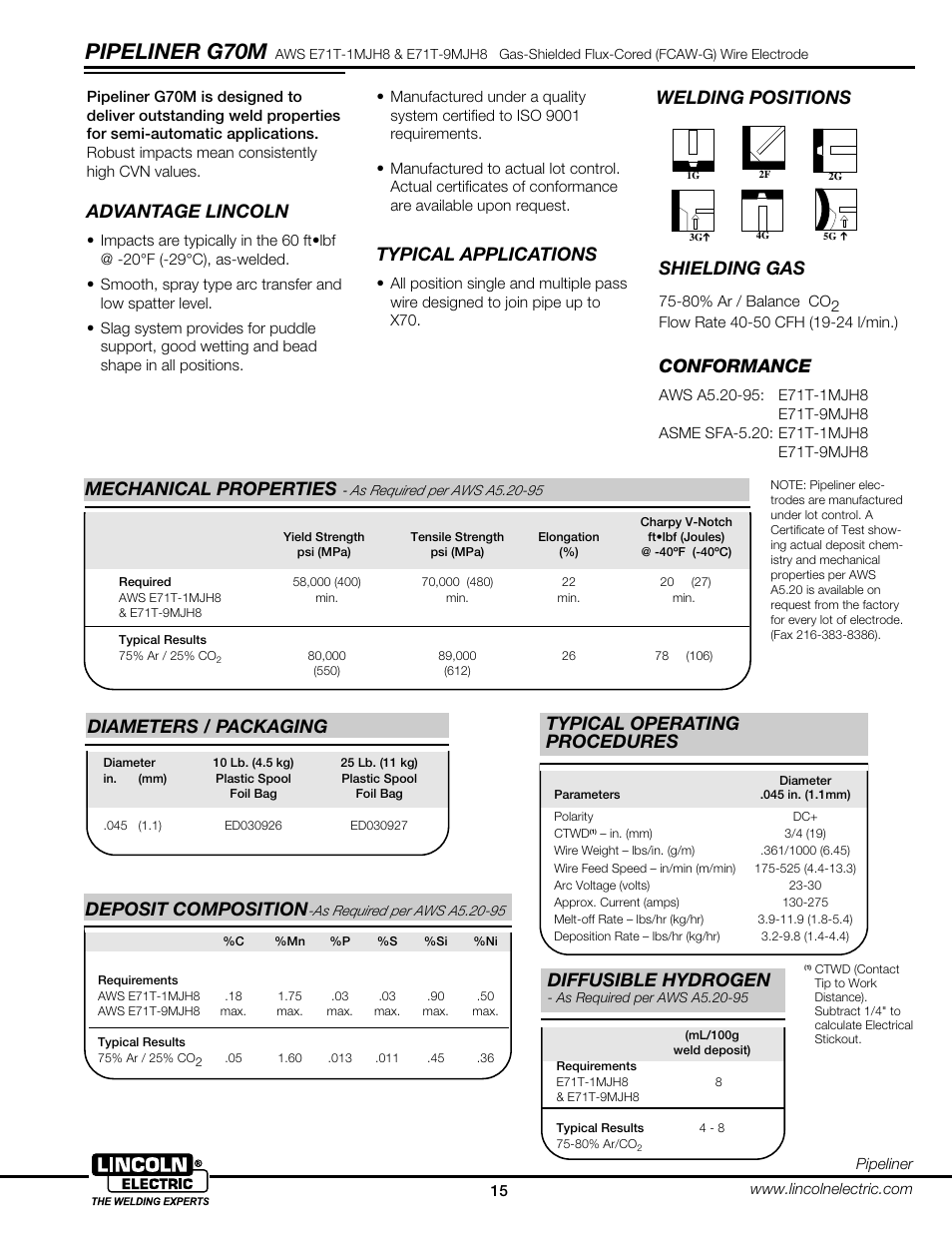 Pipeliner g70m, Welding positions advantage lincoln, Typical applications | Shielding gas, Deposit composition, Diameters / packaging, Diffusible hydrogen, Mechanical properties, Conformance, Typical operating procedures | Lincoln Electric 2HBG User Manual | Page 15 / 18