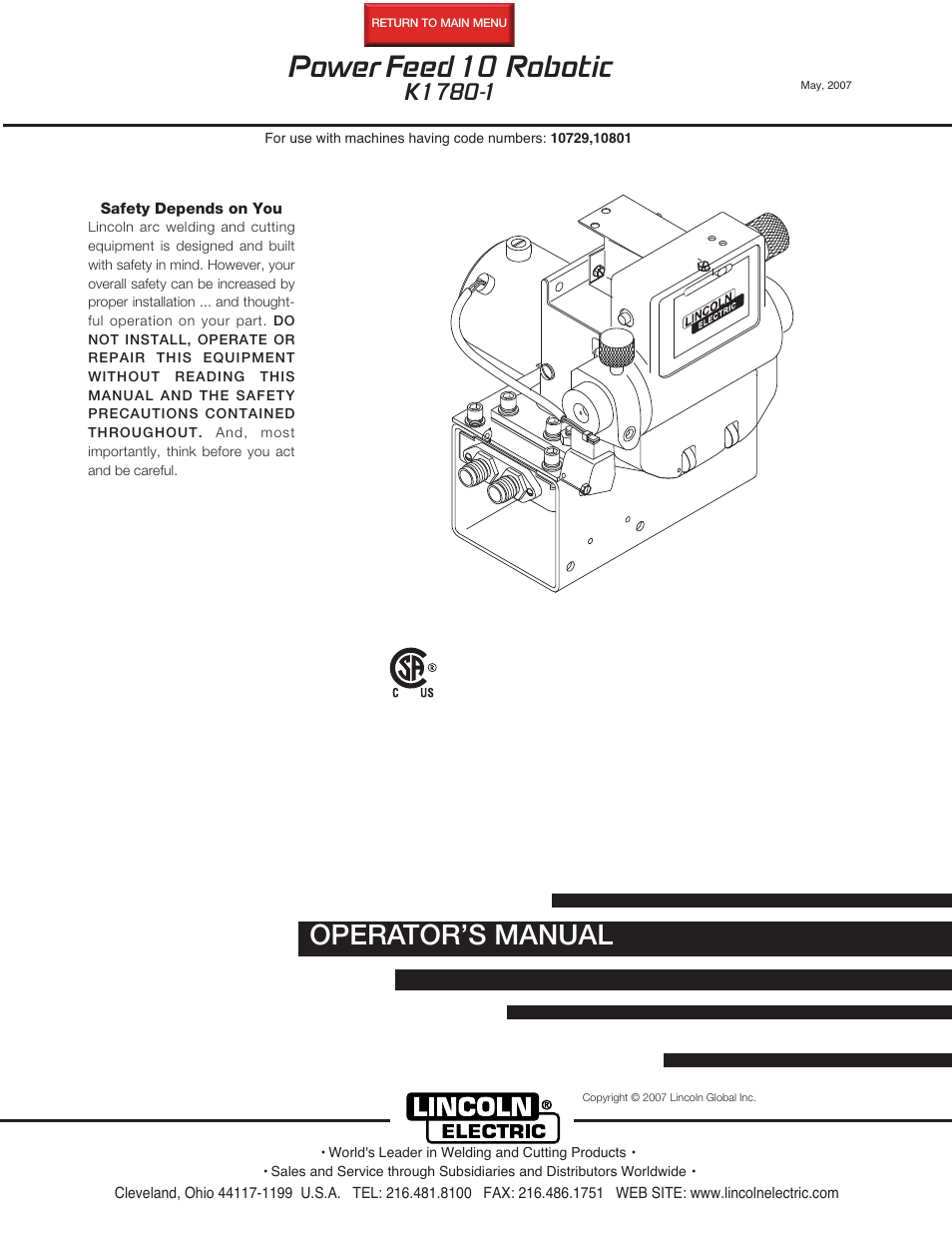 Lincoln Electric POWER FEED 10 ROBOTIC K1780-1 User Manual | 29 pages