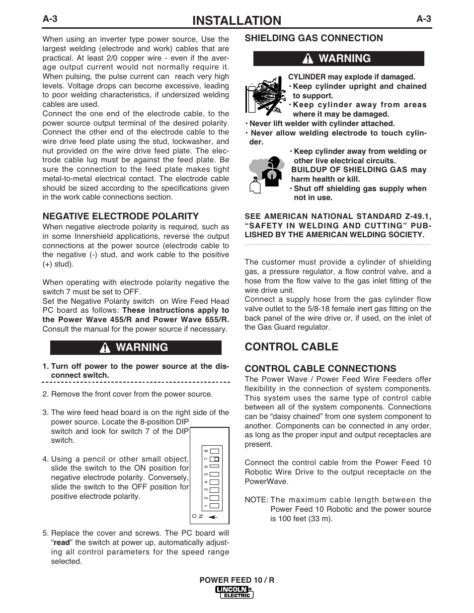 Installation, Control cable, Warning | Lincoln Electric POWER FEED 10 ROBOTIC K1780-1 User Manual | Page 10 / 29