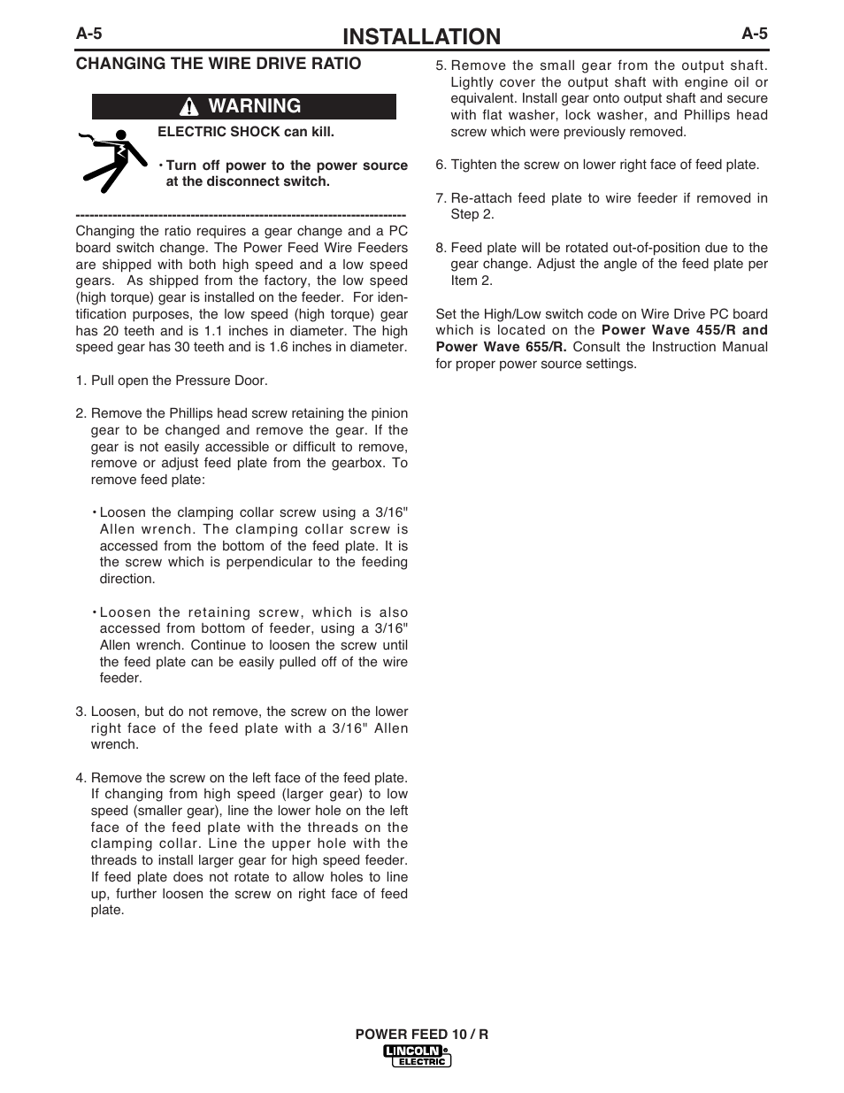 Installation, Warning | Lincoln Electric POWER FEED 10 ROBOTIC K1780-1 User Manual | Page 12 / 29