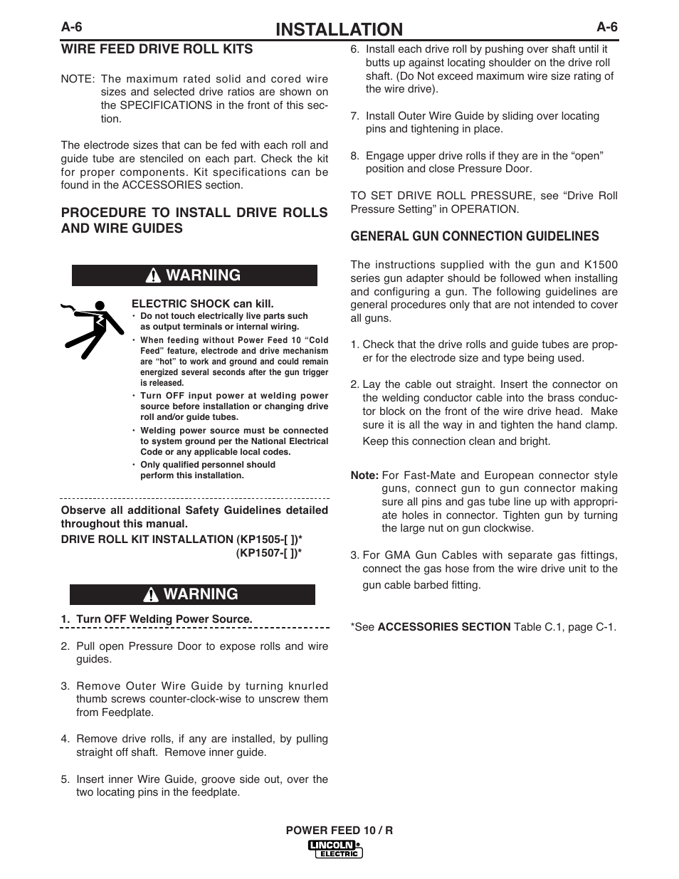 Installation, Warning | Lincoln Electric POWER FEED 10 ROBOTIC K1780-1 User Manual | Page 13 / 29