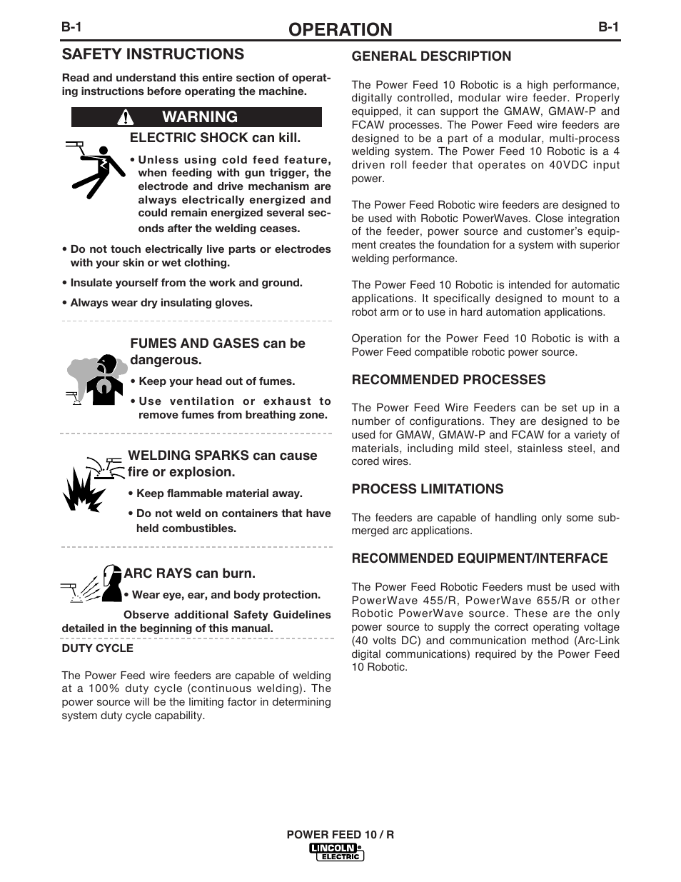 Operation, Safety instructions, Warning | Lincoln Electric POWER FEED 10 ROBOTIC K1780-1 User Manual | Page 16 / 29