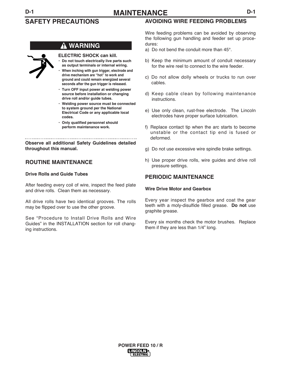 Maintenance, Safety precautions, Warning | Lincoln Electric POWER FEED 10 ROBOTIC K1780-1 User Manual | Page 18 / 29