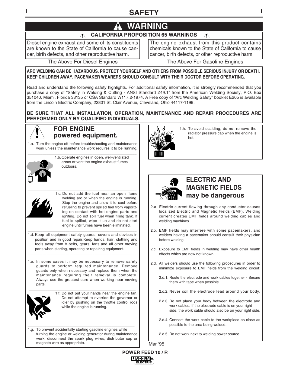 Warning, Safety, For engine powered equipment | Electric and magnetic fields may be dangerous | Lincoln Electric POWER FEED 10 ROBOTIC K1780-1 User Manual | Page 2 / 29