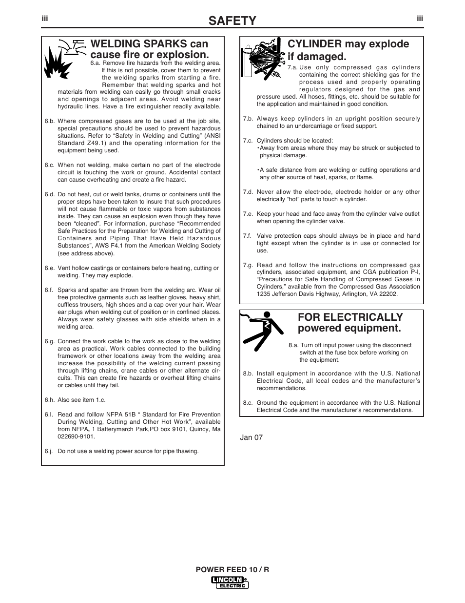 Safety, For electrically powered equipment, Cylinder may explode if damaged | Welding sparks can cause fire or explosion | Lincoln Electric POWER FEED 10 ROBOTIC K1780-1 User Manual | Page 4 / 29