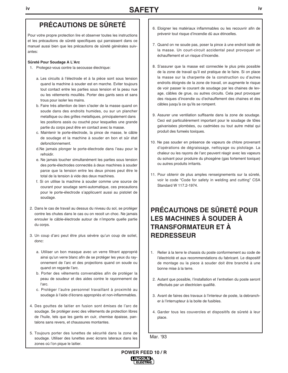 Safety, Précautions de sûreté | Lincoln Electric POWER FEED 10 ROBOTIC K1780-1 User Manual | Page 5 / 29