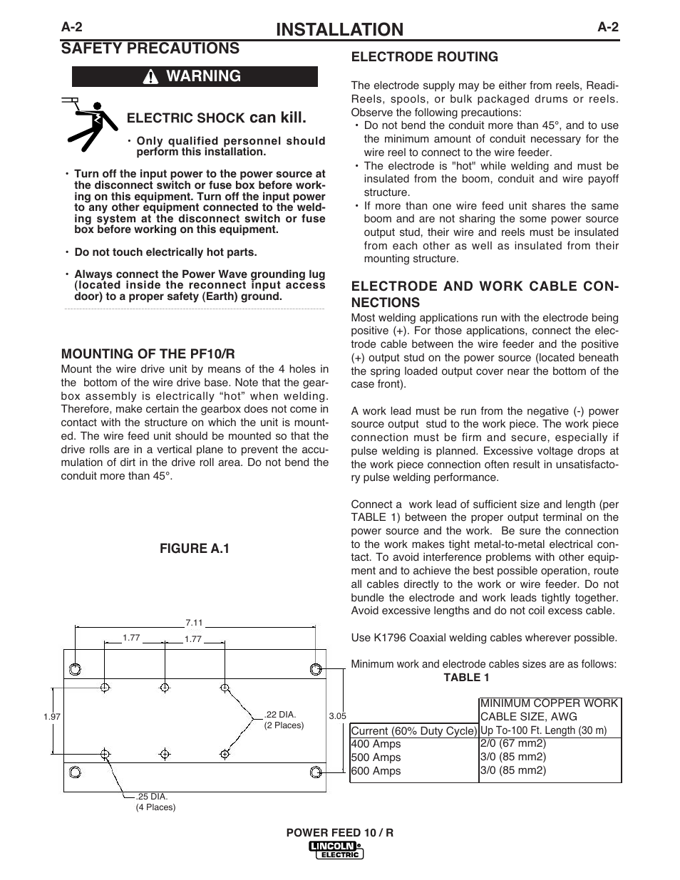 Installation, Safety precautions, Can kill | Warning | Lincoln Electric POWER FEED 10 ROBOTIC K1780-1 User Manual | Page 9 / 29
