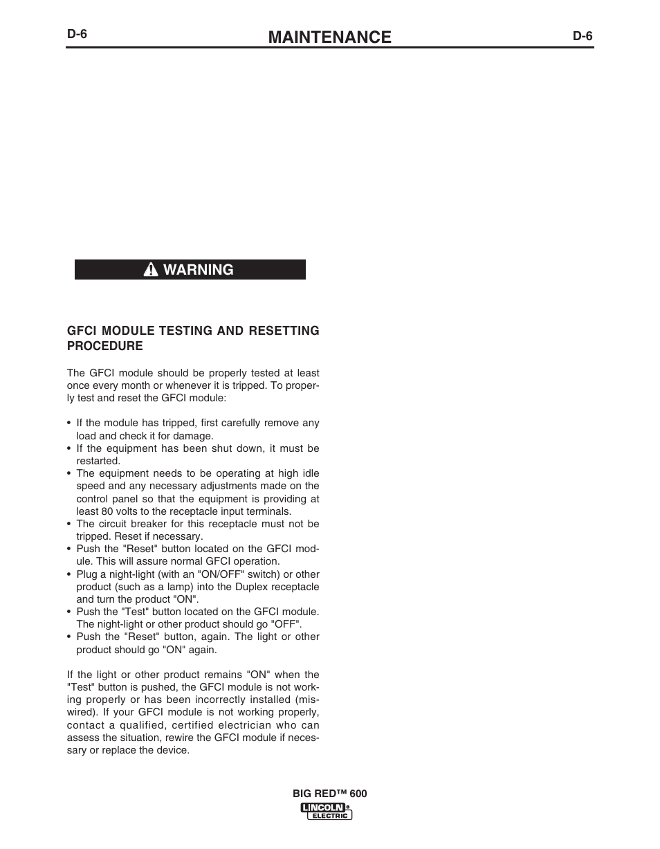 Maintenance, Welder / generator maintenance, Warning | Lincoln Electric BIG RED IM10019 User Manual | Page 30 / 41