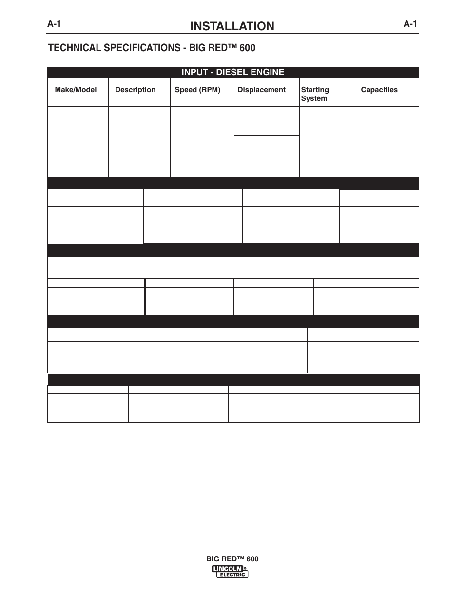 Installation, Technical specifications - big red™ 600 | Lincoln Electric BIG RED IM10019 User Manual | Page 9 / 41