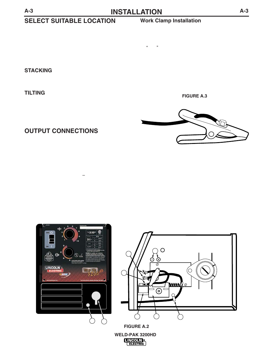 Installation, Select suitable location, Output connections | Lincoln Electric WELD-PAK 3200HD User Manual | Page 10 / 48