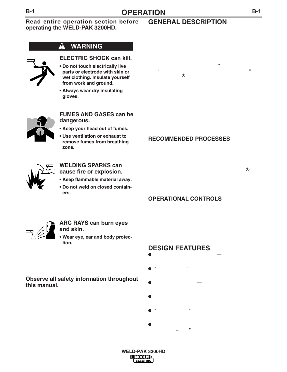 Operation, Warning general description, Design features | Lincoln Electric WELD-PAK 3200HD User Manual | Page 15 / 48