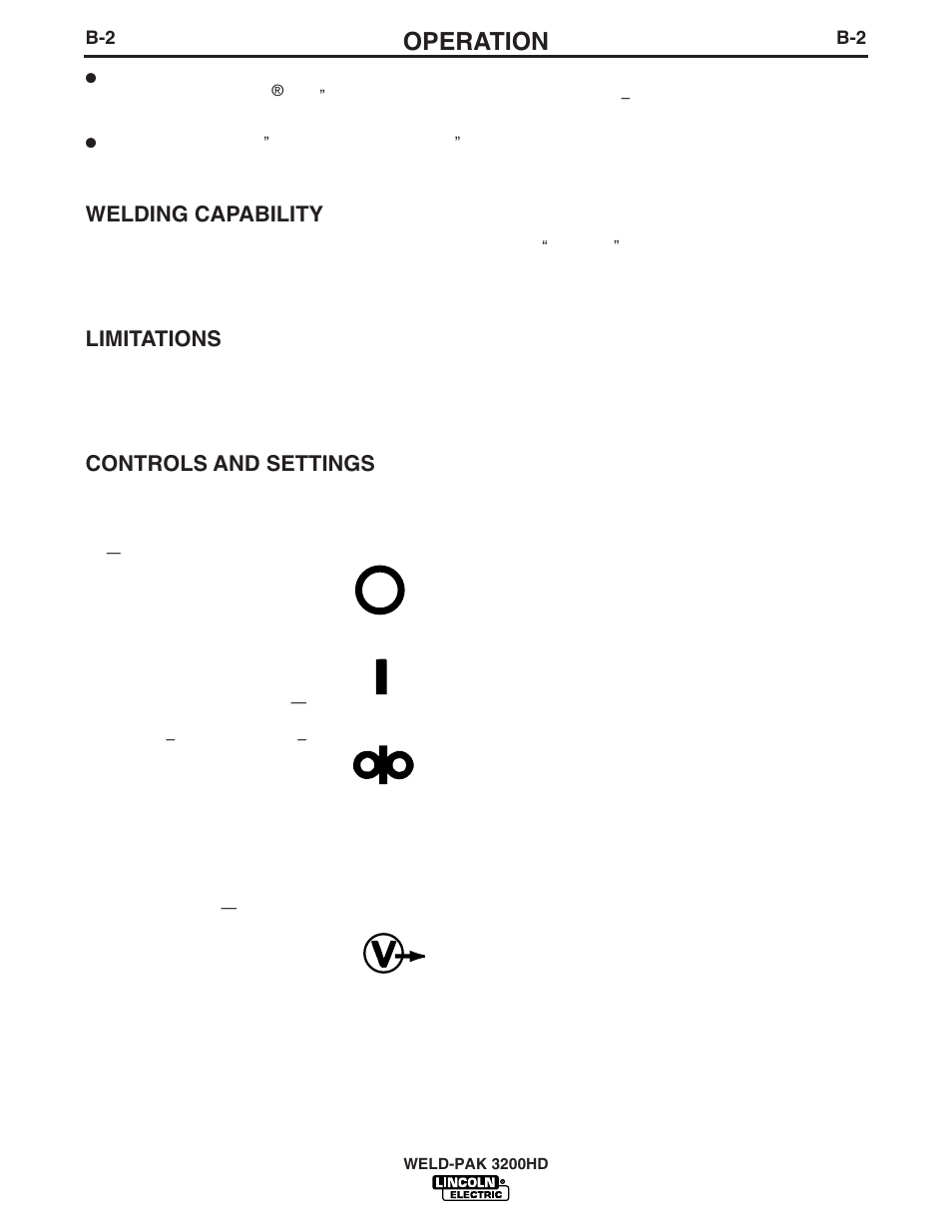 Operation, Off on arc volts wire speed, Welding capability | Limitations, Controls and settings | Lincoln Electric WELD-PAK 3200HD User Manual | Page 16 / 48