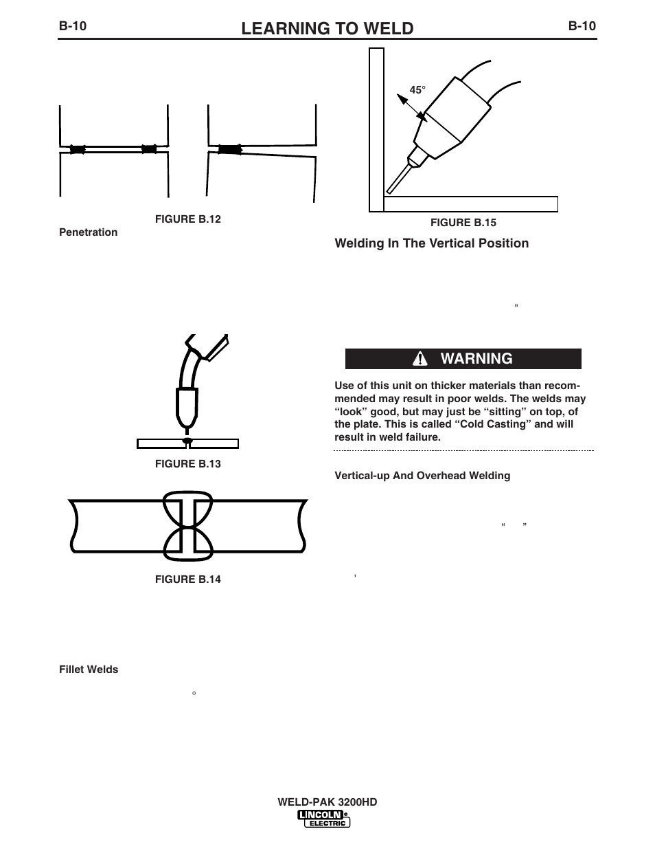 Learning to weld, Warning | Lincoln Electric WELD-PAK 3200HD User Manual | Page 24 / 48