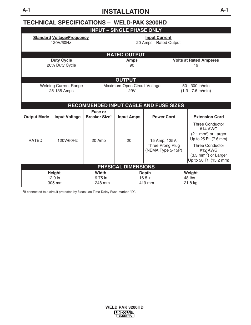 Installation, Technical specifications – weld-pak 3200hd | Lincoln Electric WELD-PAK 3200HD User Manual | Page 8 / 48