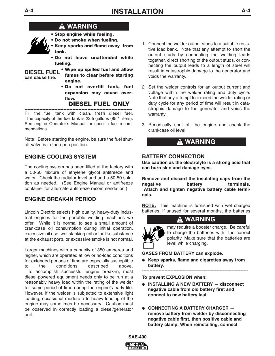 Installation, Diesel fuel only, Warning | Lincoln Electric IM869-D User Manual | Page 11 / 38