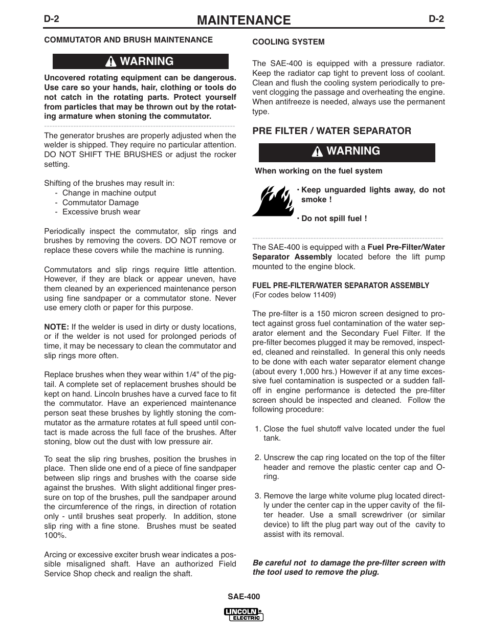 Maintenance, Warning | Lincoln Electric IM869-D User Manual | Page 21 / 38
