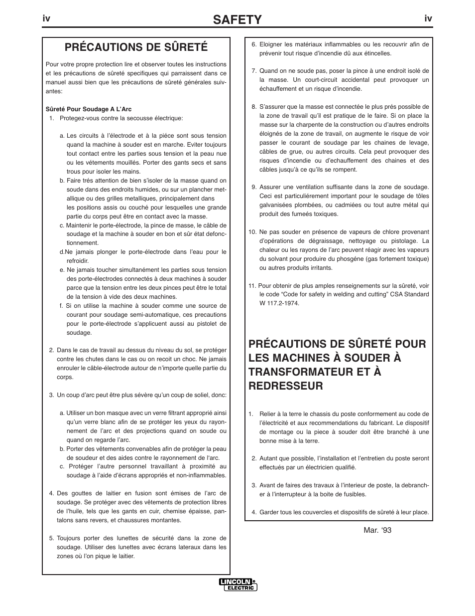 Safety, Précautions de sûreté | Lincoln Electric IM869-D User Manual | Page 5 / 38