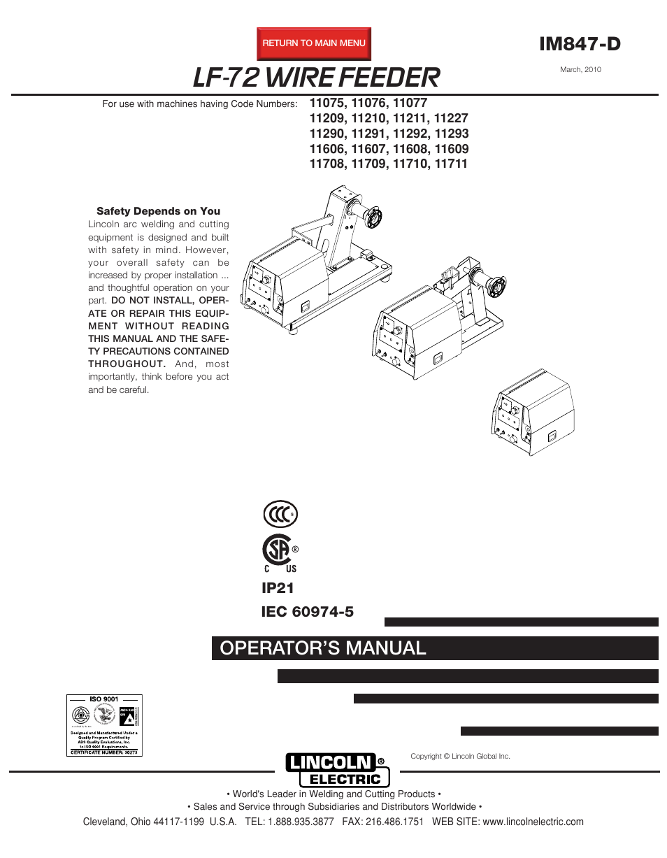 Lincoln Electric LF-72 WIRE FEEDER IM847-D User Manual | 49 pages